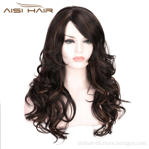 Heat Resistant Black Mixed Black Body Wave Synthetic Long Wavy Fiber Hair Wig For Black White Women Cosplay  Wigs